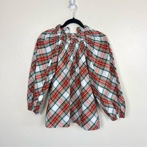 J.Crew Plaid Peasant Blouse Cotton Smocked Tie Neck Preppy Cottagecore